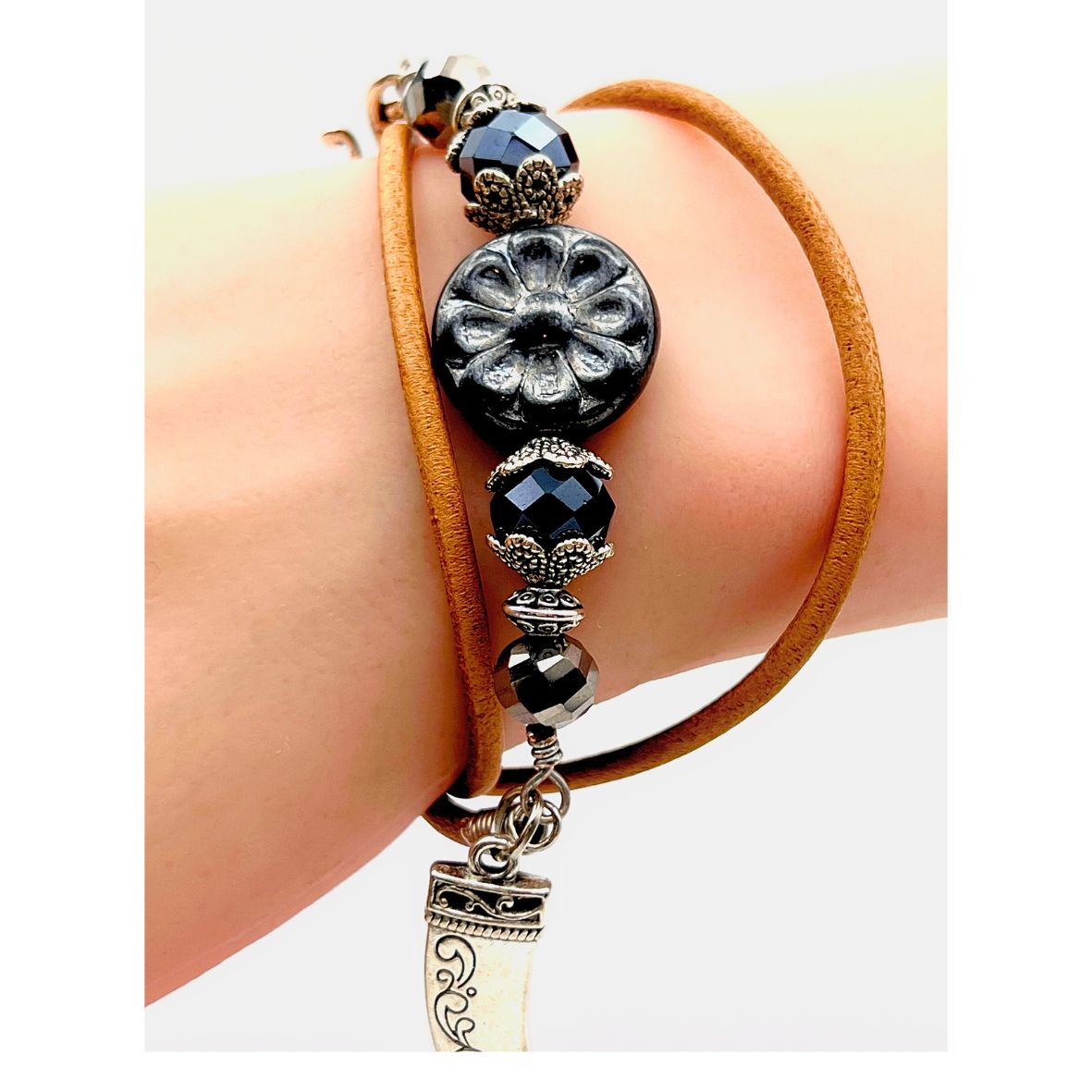 Kasia Leather and Czech Glass Wrap Bracelet