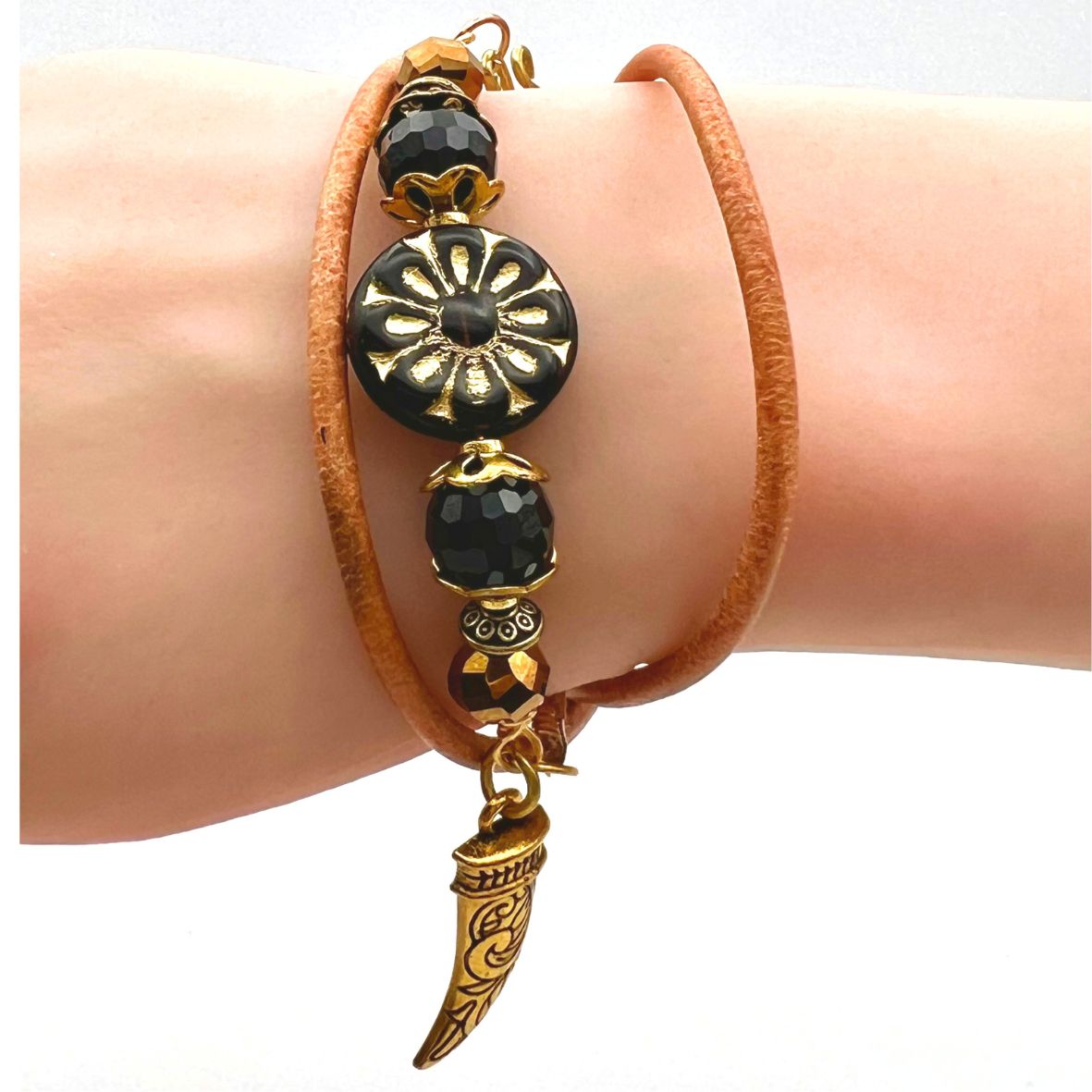 Kasia Leather and Czech Glass Wrap Bracelet