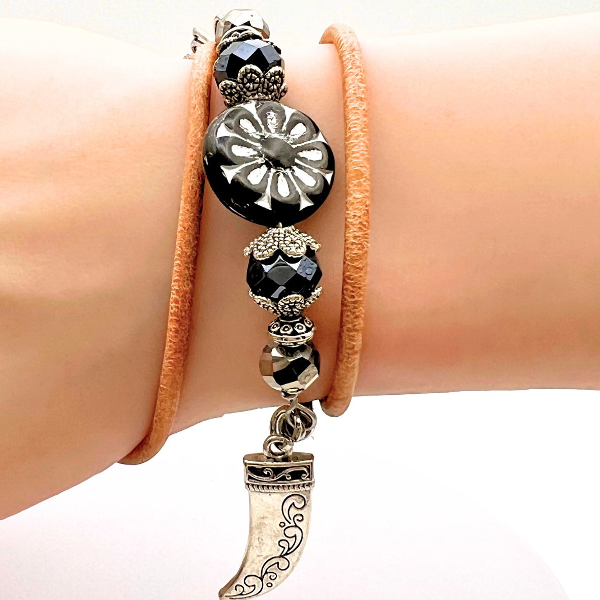 Kasia Leather and Czech Glass Wrap Bracelet