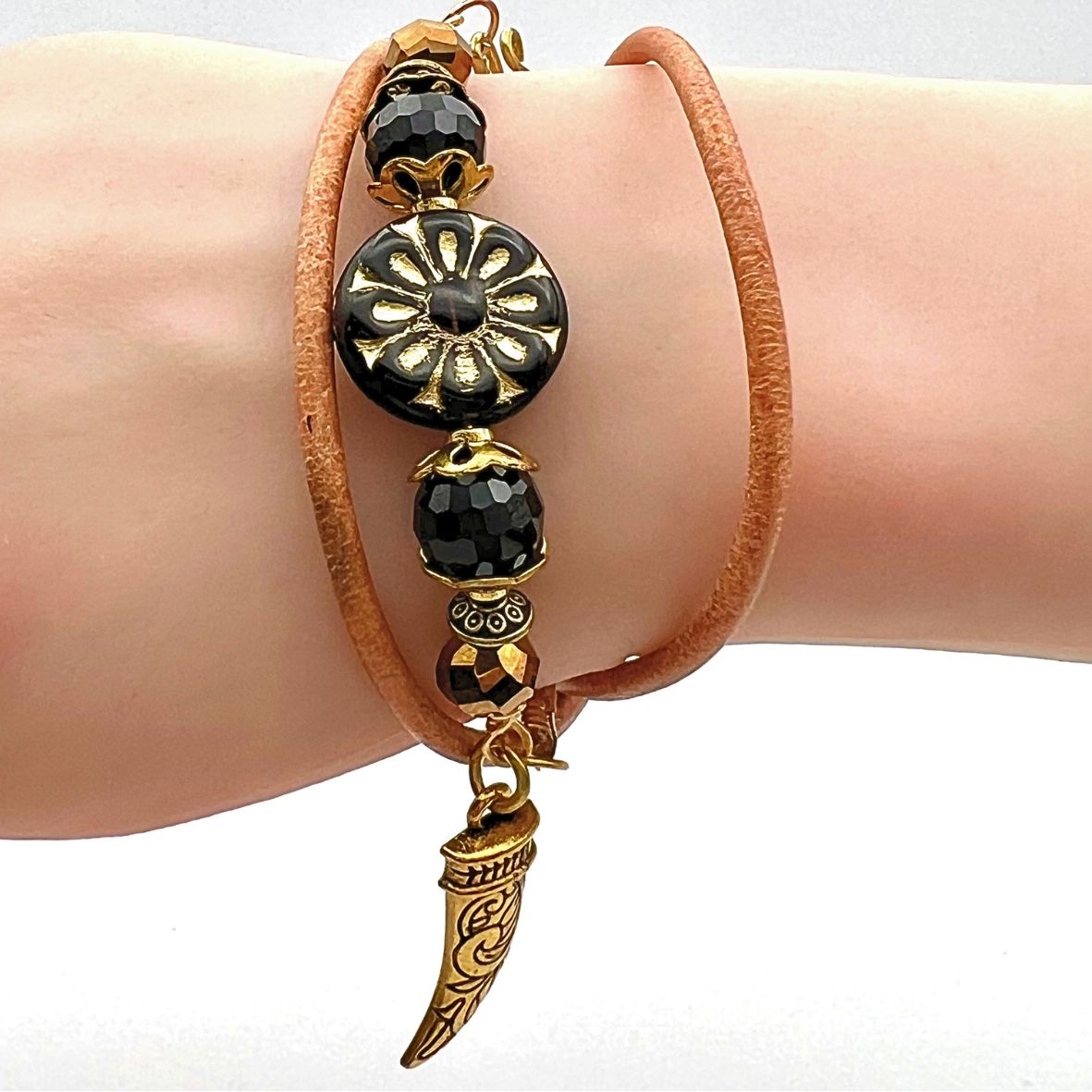 Kasia Leather and Czech Glass Wrap Bracelet