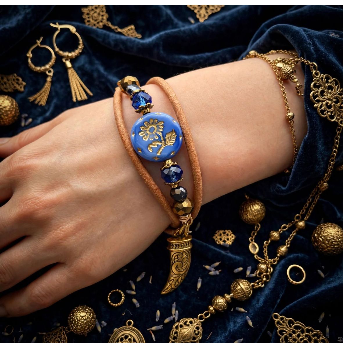 Kasia Leather and Czech Glass Wrap Bracelet