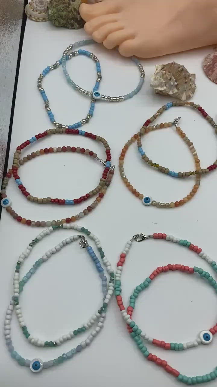 Seaside Beaded and Stretched Anklets Set