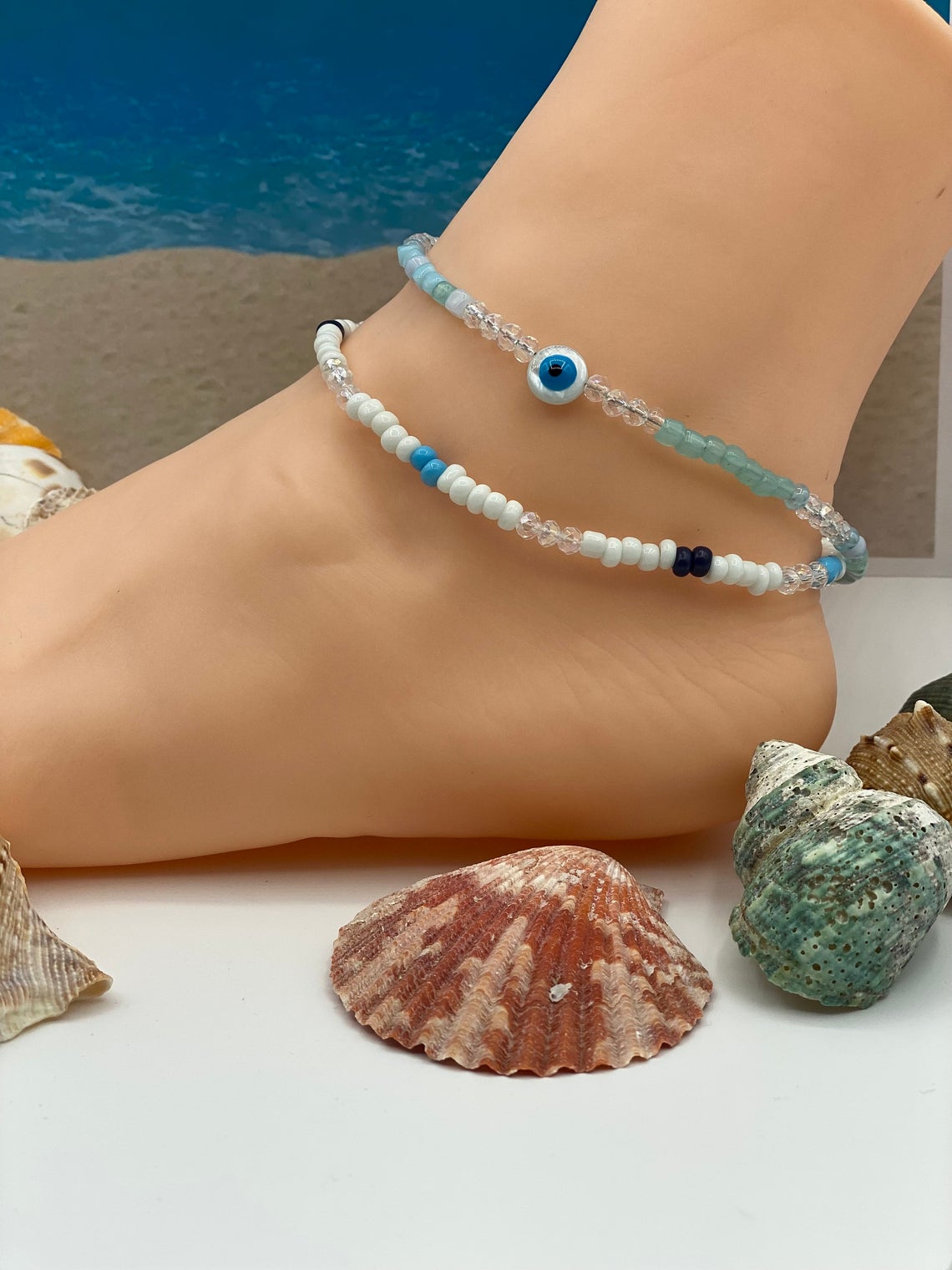 Seaside Beaded and Stretched Anklets Set