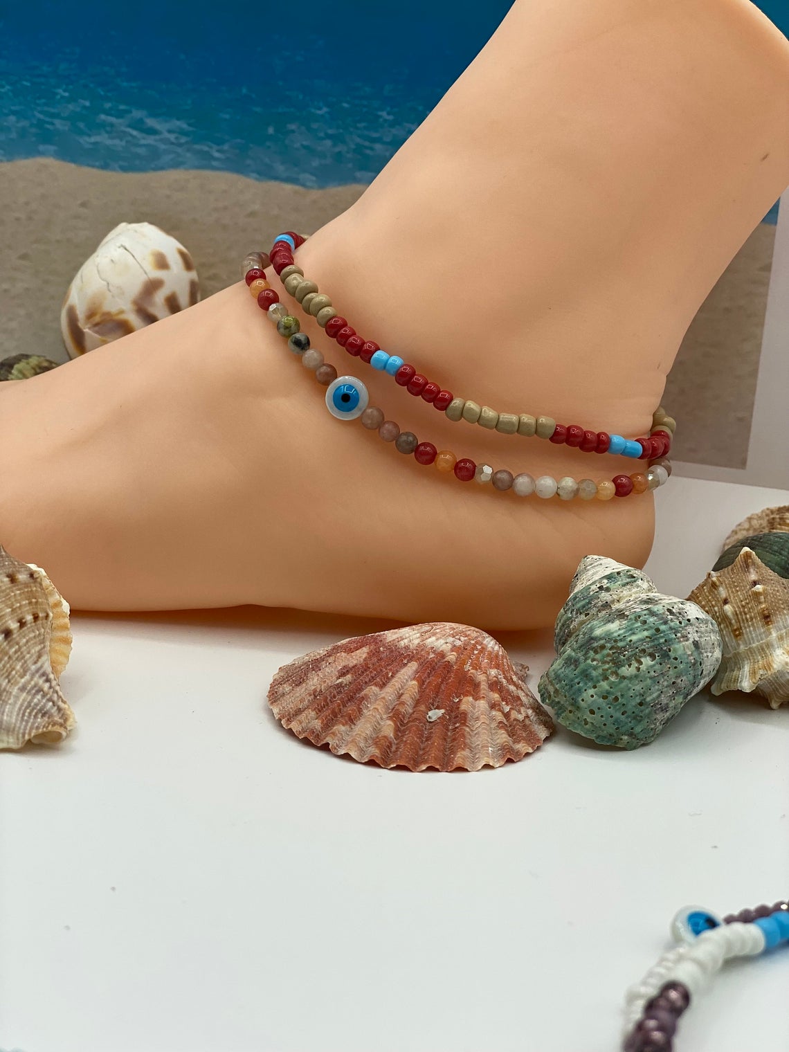 Seaside Beaded and Stretched Anklets Set