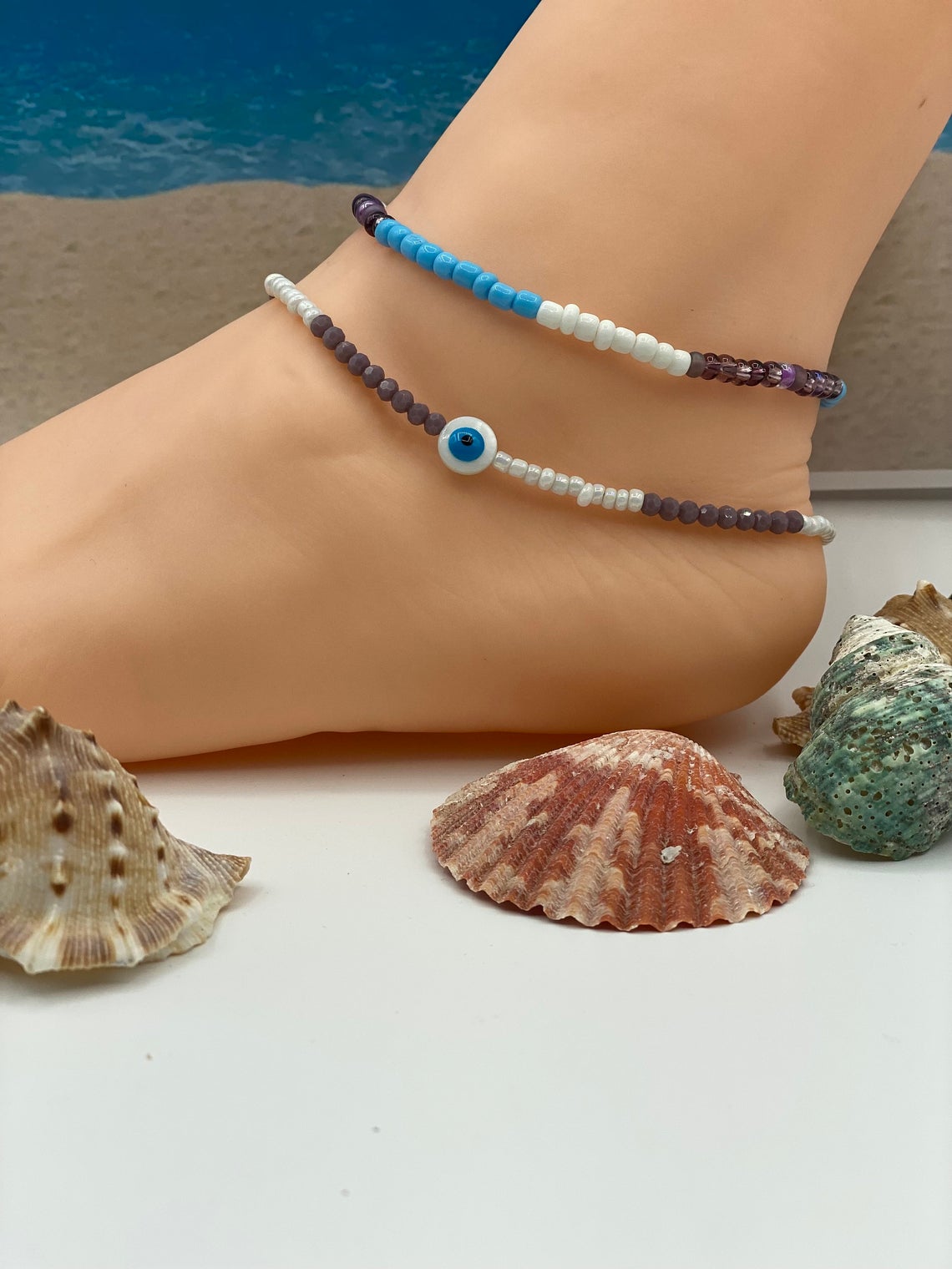 Seaside Beaded and Stretched Anklets Set