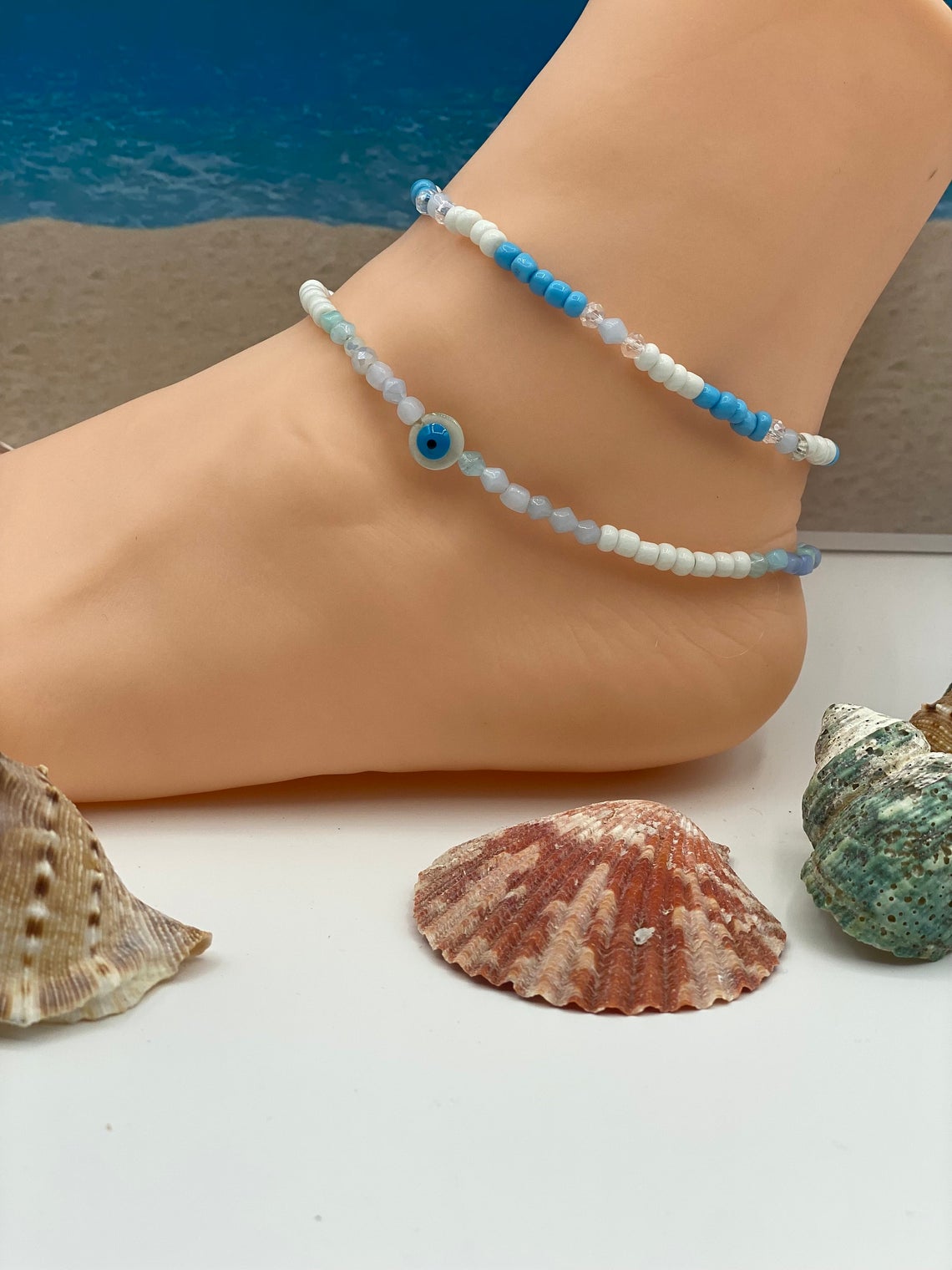 Seaside Beaded and Stretched Anklets Set